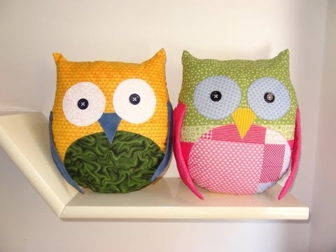 Owl pillows in patchwork fabric